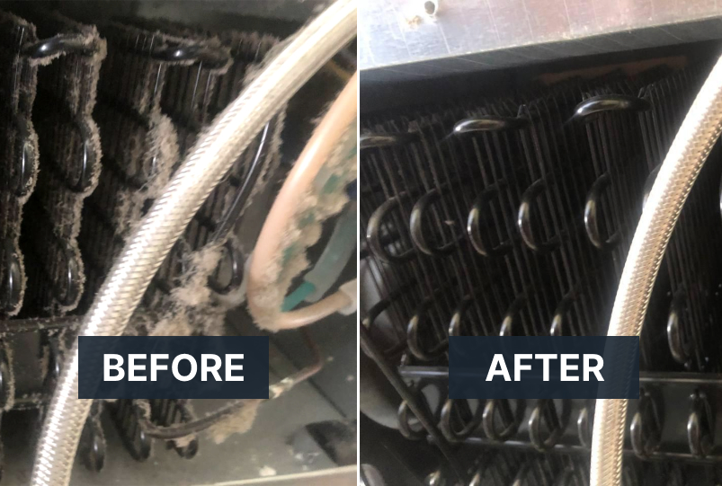 Before/after: commercial refrigeration condenser coil cleaning — heavy lint buildup removed to restore airflow in Katy, TX.
