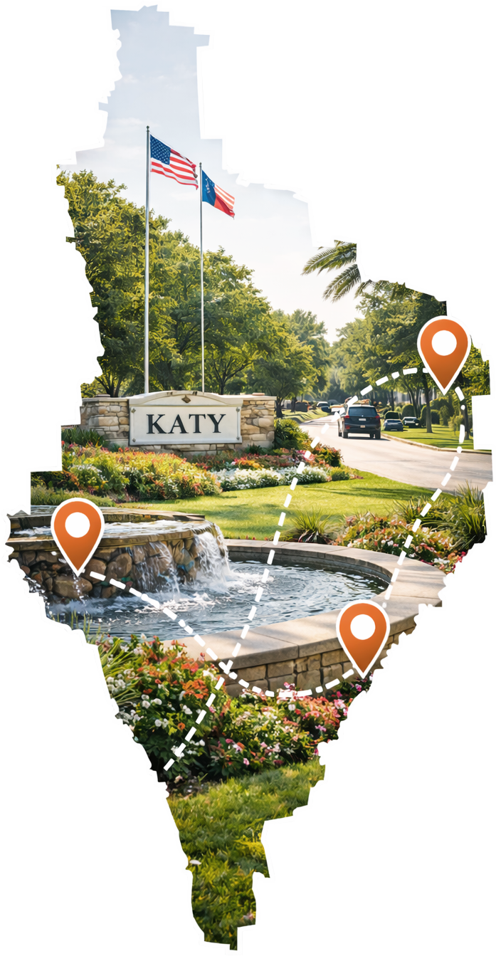 Map of appliance repair service areas in Katy, TX, including Cinco Ranch and Firethorne